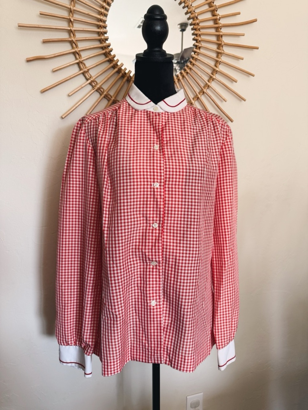 1960s Red Gingham Button-Up Top with Contrast Collar